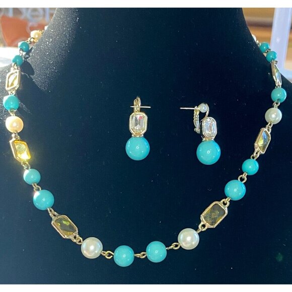 Anne Klein Jewelry - Anne Klein Vintage Faux Turquoise Pearl & Citrine Glass Stone Necklace Set